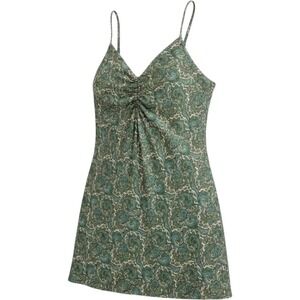 Zara Olive Green Paisley Ruched V-Neck Mini Dress